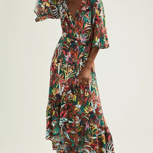 Farm Rio for Anthropologie Fiesta Wrap Maxi Dress Petite Medium - Picture 1 of 11